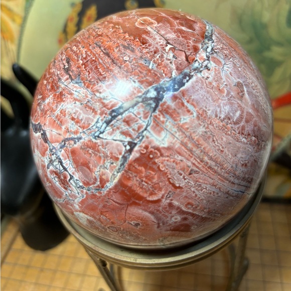 Polished Marble Stone Sphere 4.25”D w Metal Display Stand Pink Red Orange Shades - Picture 4 of 8